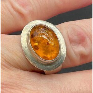 Vintage Sterling Silver & Amber Oval Statement Ring Size 8.5 Bezel Setting